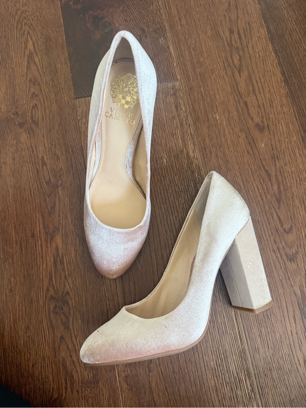 Vince Camuto Shimmery Blush Pink Block Heel Pumps